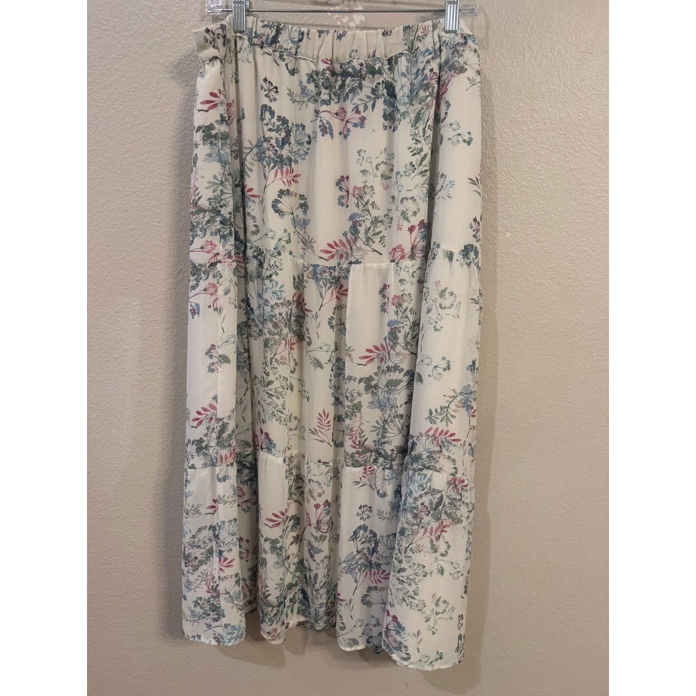 Vince Camuto Womens XL Floral Tiered Maxi Skirt Cream Blue Pink Chiffon Boho - Picture 4 of 6